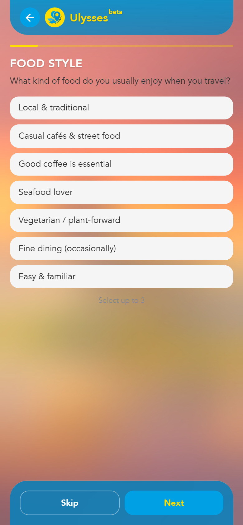 Tripigo asking a traveller about their food preferences