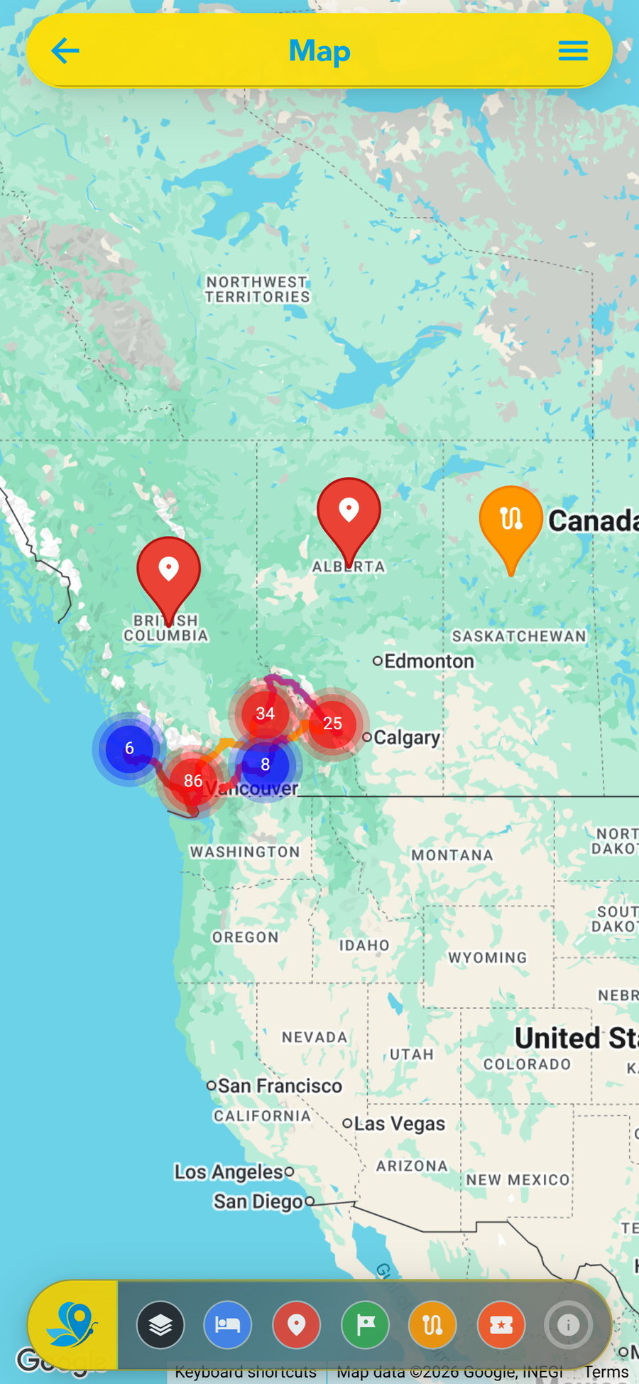 The whole trip mapped, with every stop pinned