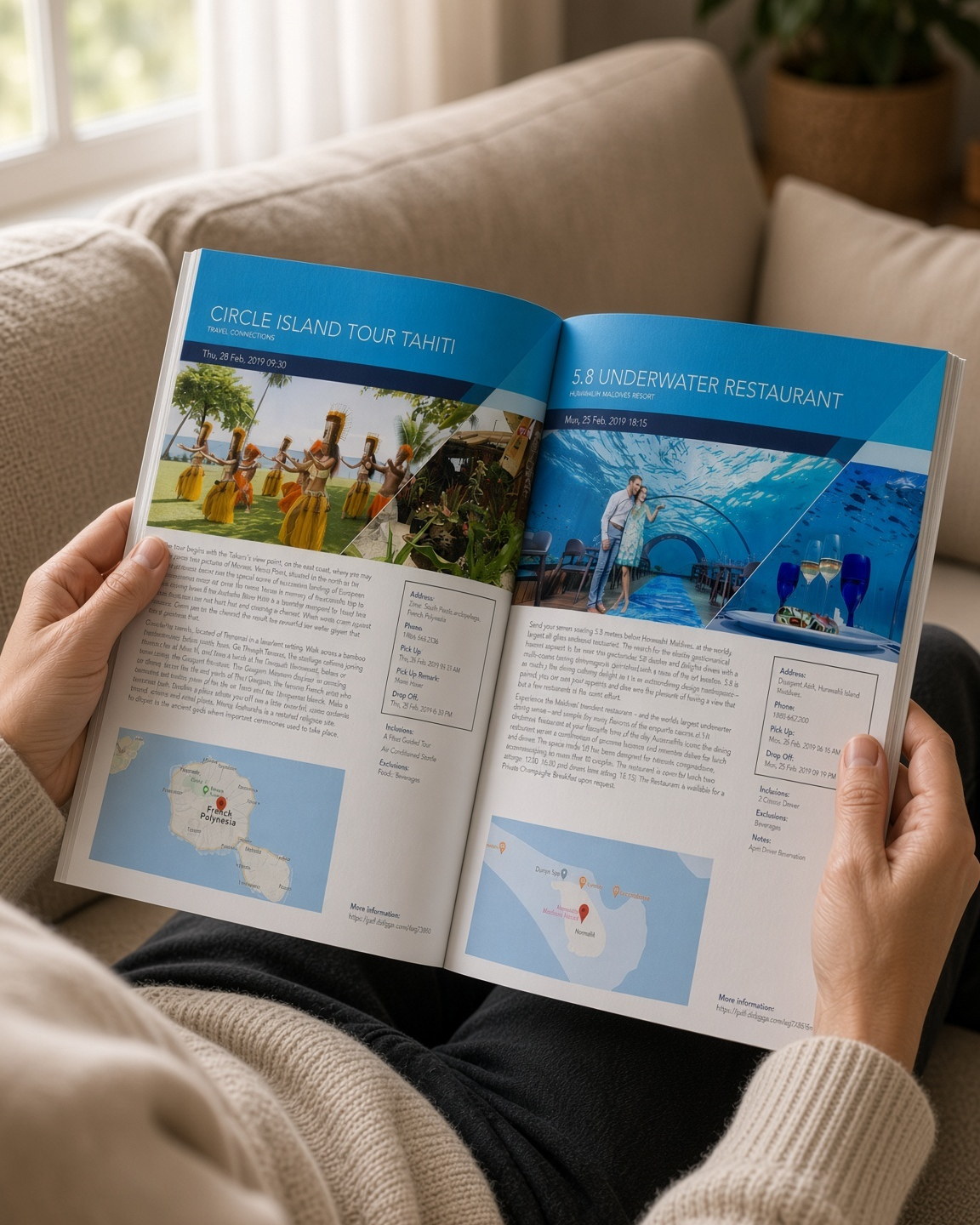 A printed travel journal held open in two hands