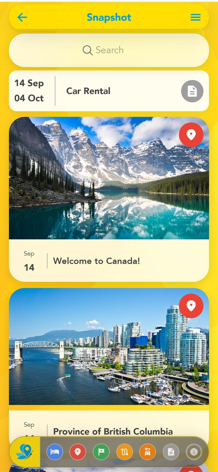 The Tripigo Snapshot screen: the whole trip in one list — car rental, arrival, each destination